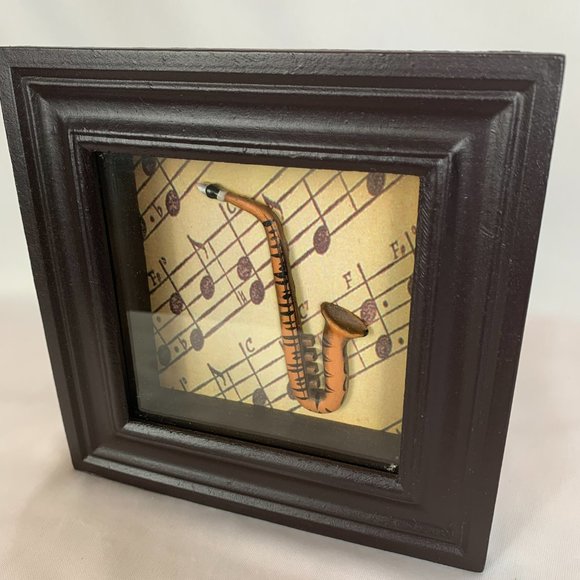 Framed Guitar and Saxophone Shadowboxes Glass Front Brown Trim Vintage - Picture 8 of 12